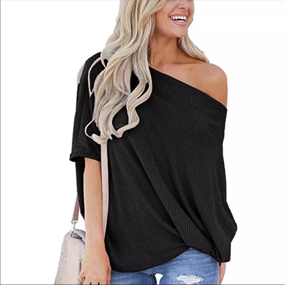 NEW!  Off Shoulder Thermal Waffle Knit Twist Top - Picture 6 of 8